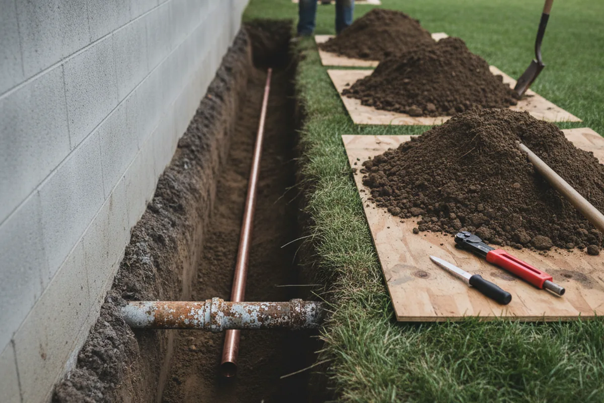 Excavated water line trench during Water Softener Installation in Long Beach